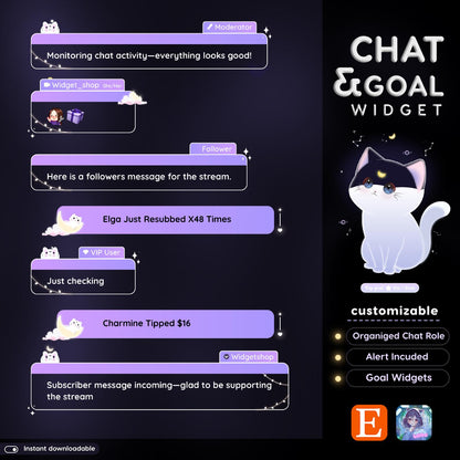 Lunar Cat Aesthetic Light Purple Chat & Goal Stream Widgets - Animated, celestial Elegant Lunar Theme Clean Vibe Streamelement Only