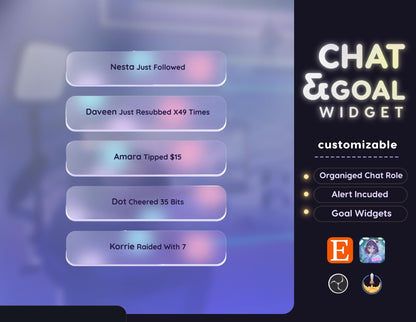 Glassy Chat & Goal Widgets for Twitch Kick YouTube | Modern Elegant | StreamElements Streamlabs OBS