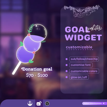Yakitori Skewered Liquid Filling Goal Widget is fully customisable for Twitch Streamlabs, TikTok Studio, and Streamelements.