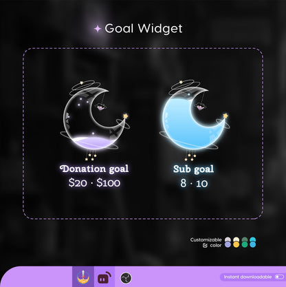 Celestial Cute Moon Liquid Filling Goal Widget is fully customisable for Twitch Streamlabs, TikTok Studio, and Streamelements.