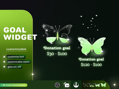 Butterfly Liquid Filling Goal Widget is fully customisable for Twitch Streamlabs, TikTok Studio, and Streamelements.