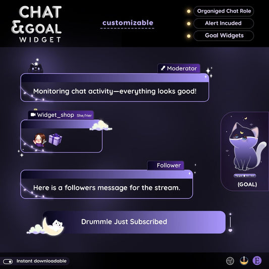 Lunar Cat Chat & Goal Widgets for Twitch Kick YouTube | Dark Purple | StreamElements Streamlabs OBS