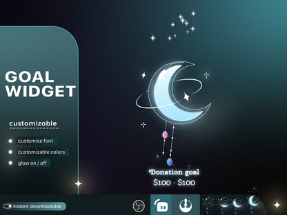 Celestial Moon Cute Liquid Filling Goal Widget is fully customisable for Twitch Streamlabs, TikTok Studio, and Streamelements.