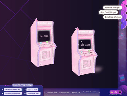 Game Machine Old Arcade Liquid Filling Goal Widget is fully customisable for Twitch Streamlabs, TikTok Studio, and Streamelements.