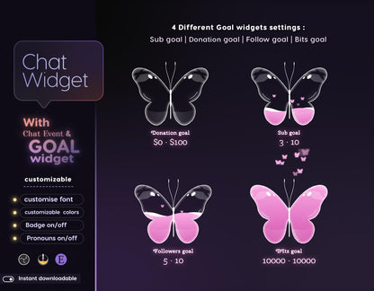Lotus Butterfly Chat & Goal Widgets for Twitch Kick YouTube | Glass Theme | StreamElements Streamlabs OBS