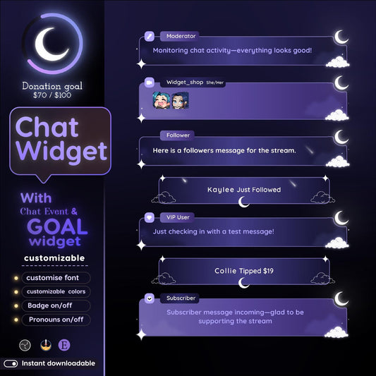 Crystal Moon Chat & Goal Widgets for Twitch Kick YouTube | Elegant | StreamElements Streamlabs OBS