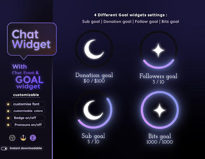 Crystal Moon Chat & Goal Widgets for Twitch Kick YouTube | Elegant | StreamElements Streamlabs OBS