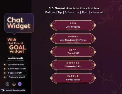 Classical Floral Red Chat & Goal Widgets for Twitch Kick YouTube | Elegant | StreamElements Streamlabs OBS