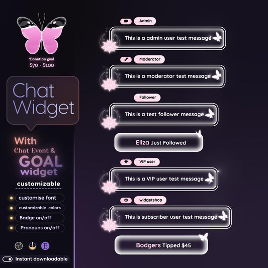 Lotus Butterfly Chat & Goal Widgets for Twitch Kick YouTube | Glass Theme | StreamElements Streamlabs OBS
