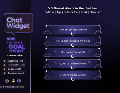 Crystal Moon Chat & Goal Widgets for Twitch Kick YouTube | Elegant | StreamElements Streamlabs OBS