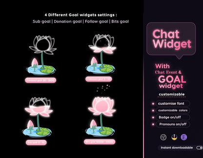 Dreamy Lotus Chat & Goal Widgets for Twitch Kick YouTube | Glass Theme | StreamElements Streamlabs OBS