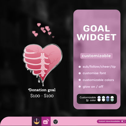 Heart Skeleton Goal Widget Liquid Filling Goal Widget is fully customisable for Twitch Streamlabs, TikTok Studio, and Streamelements
