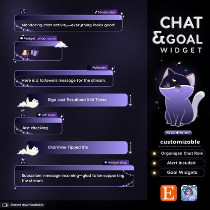 Lunar Cat Chat & Goal Widgets for Twitch Kick YouTube | Dark Purple | StreamElements Streamlabs OBS