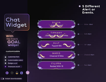 Floral Purple Chat Widget • Minimal, Starry, Mystical Elegant Theme • Chat Box with Pronouns & Alerts for Twitch Streams (StreamElements)