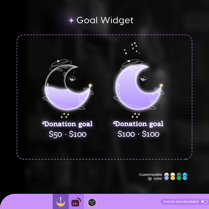 Celestial Cute Moon Liquid Filling Goal Widget is fully customisable for Twitch Streamlabs, TikTok Studio, and Streamelements.