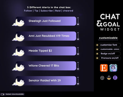 Lunar Cat Chat & Goal Widgets for Twitch Kick YouTube | Dark Purple | StreamElements Streamlabs OBS