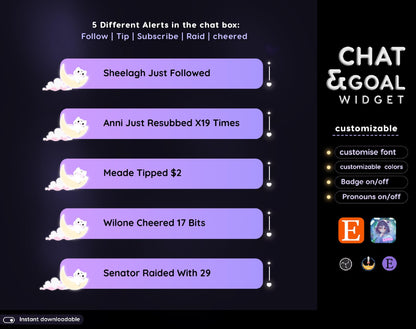 Lunar Cat Aesthetic Light Purple Chat & Goal Stream Widgets - Animated, celestial Elegant Lunar Theme Clean Vibe Streamelement Only