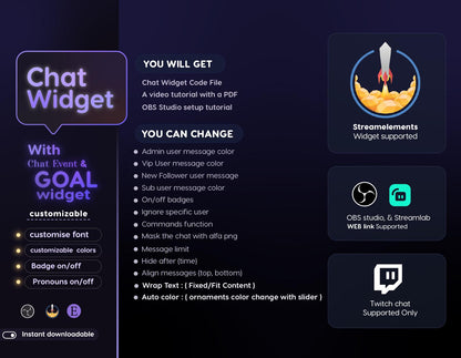 Crystal Moon Chat & Goal Widgets for Twitch Kick YouTube | Elegant | StreamElements Streamlabs OBS