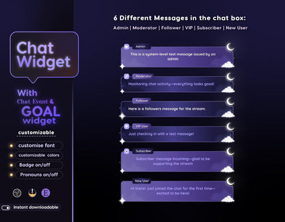 Crystal Moon Chat & Goal Widgets for Twitch Kick YouTube | Elegant | StreamElements Streamlabs OBS