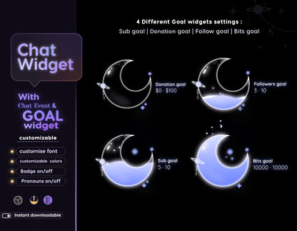 Astro Moon Galaxy Chat & Goal Widget for Twitch Kick YouTube | Glassy Celestial Theme | StreamElements Streamlabs OBS