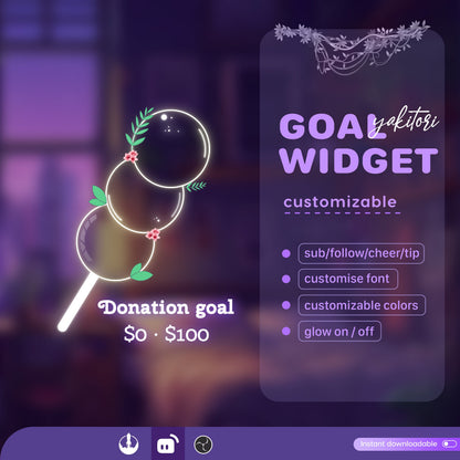 Yakitori Skewered Liquid Filling Goal Widget is fully customisable for Twitch Streamlabs, TikTok Studio, and Streamelements.