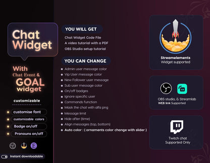 Classical Floral Red Chat & Goal Widgets for Twitch Kick YouTube | Elegant | StreamElements Streamlabs OBS