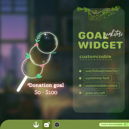 Yakitori Skewered Liquid Filling Goal Widget is fully customisable for Twitch Streamlabs, TikTok Studio, and Streamelements.