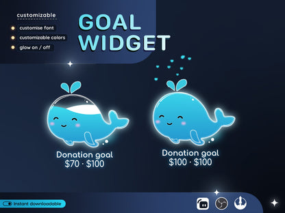 Cute Blue Whale Liquid Filling Goal Widget is fully customisable for Twitch Streamlabs, TikTok Studio, and Streamelements.