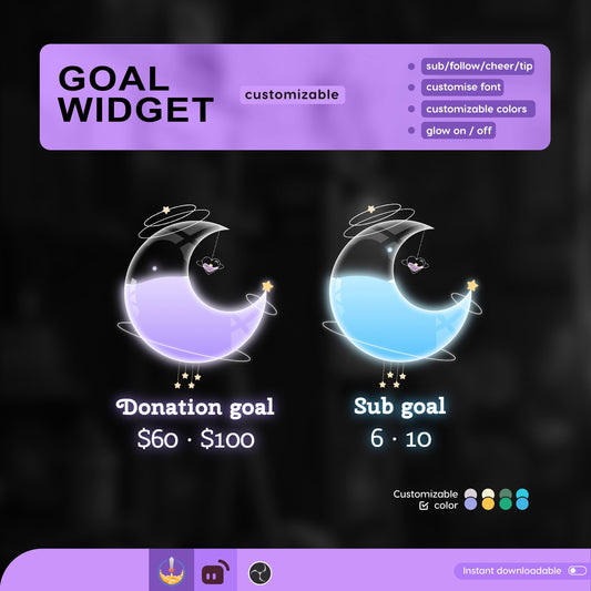 Celestial Cute Moon Liquid Filling Goal Widget is fully customisable for Twitch Streamlabs and Streamelements.