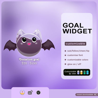 Cute Spooky Bat Liquid Filling Goal Widget is fully customisable for Twitch Streamlabs, TikTok Studio, and Streamelements