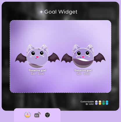 Cute Spooky Bat Liquid Filling Goal Widget is fully customisable for Twitch Streamlabs, TikTok Studio, and Streamelements