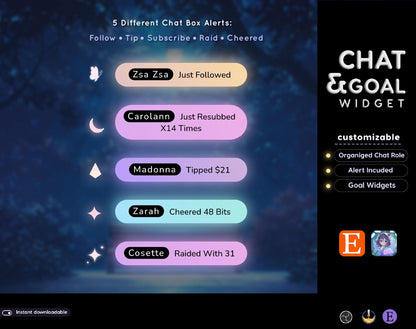 Moon Glow Neon Chat & Goal Widgets for Twitch, Kick & YouTube | Animated StreamElements Overlay
