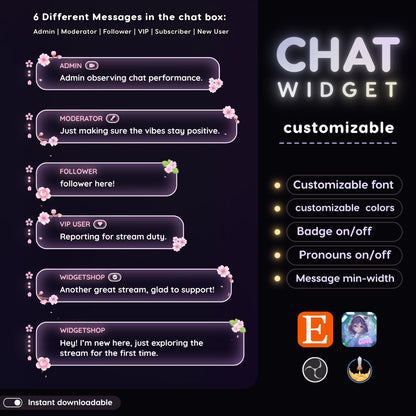 Sakura Glassy Chat Widget, Twitch StreamElements OBS Floral Animated Overlay, VTuber Streamer Gift