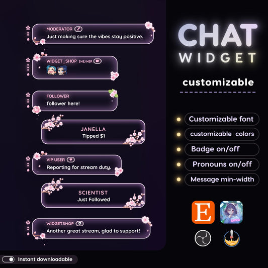 Sakura Glassy Chat Widget, Twitch StreamElements OBS Floral Animated Overlay, VTuber Streamer Gift