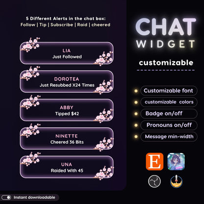 Sakura Glassy Chat Widget, Twitch StreamElements OBS Floral Animated Overlay, VTuber Streamer Gift